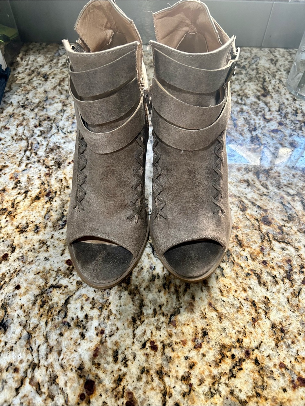 Diba Taupe Suede Peep-Toe Ankle Booties with Braided Front